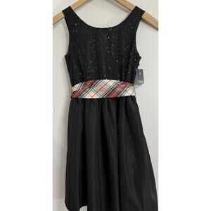 NEW Chaps Girls Black Sequin Plaid Belt Party Dress Sz 10 Holiday Christmas